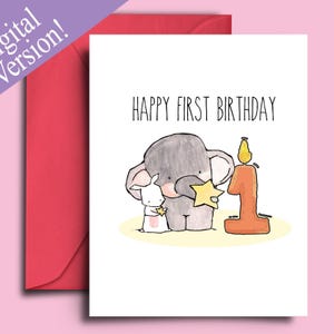 Carte à imprimer pour le premier anniversaire d'un bébé de 1 an, Idée cadeau pour le premier anniversaire d'un bébé éléphant, jolie carte vierge pour baby shower