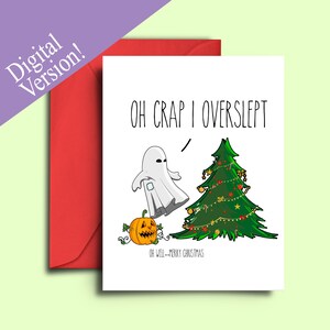 Carte de Noël A5 imprimable amusante - Cartes de vœux de vacances sur le thème d'Halloween fantôme trop endormi