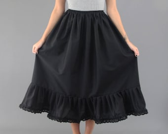 Zwarte katoenen petticoat met effen randen, kanten randen of broderie anglaise Kies lengte + taille
