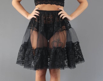 Black Lace Petticoat edged in Delicate Lace Trim