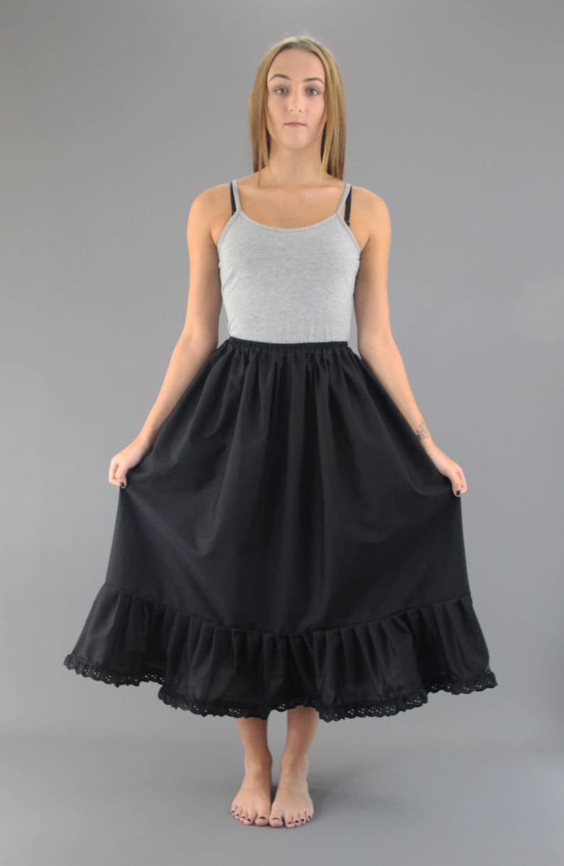 Black cotton petticoat with lace edging, broiderie anglaise edging or plain made to any length or waist size