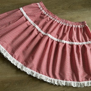 May include: A red and white gingham skirt with white lace trim. The skirt is gathered at the waist and has a ruffled hem.