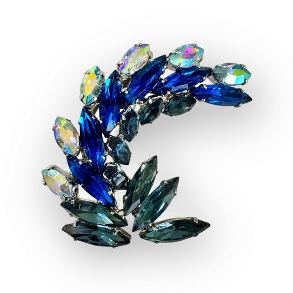 Unsigned Sherman Blue AB Rhinestone Brooch Pin - image 3