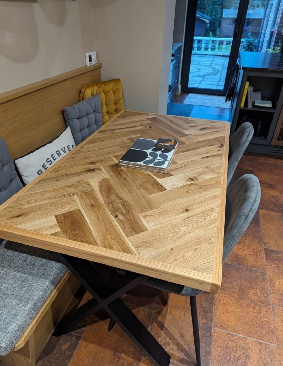Oak Handmade Herringbone Parquet Dining Table or Desk and