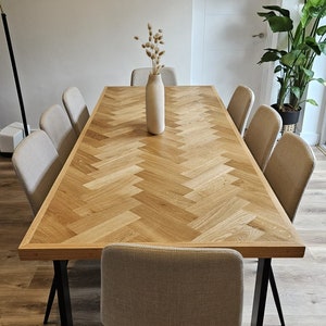 Solid Oak Handmade Parquet Dining Table or Desk and Industrial Style Legs Chevron Wooden