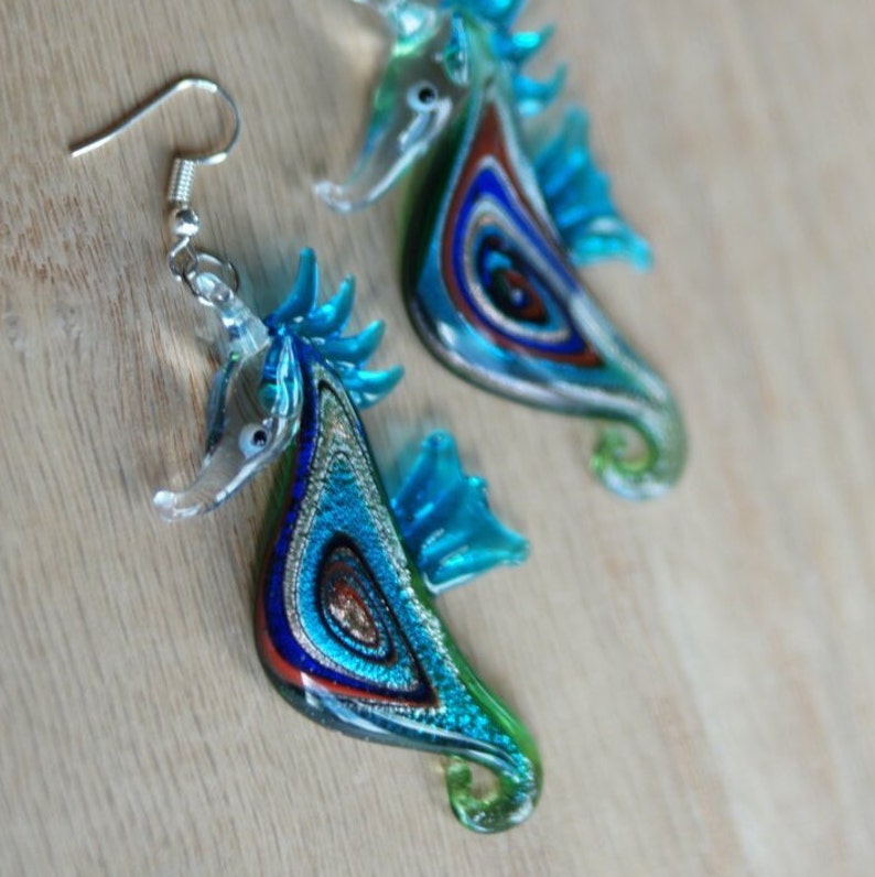 colorful dangle earrings Colorful glass seahorse earrings