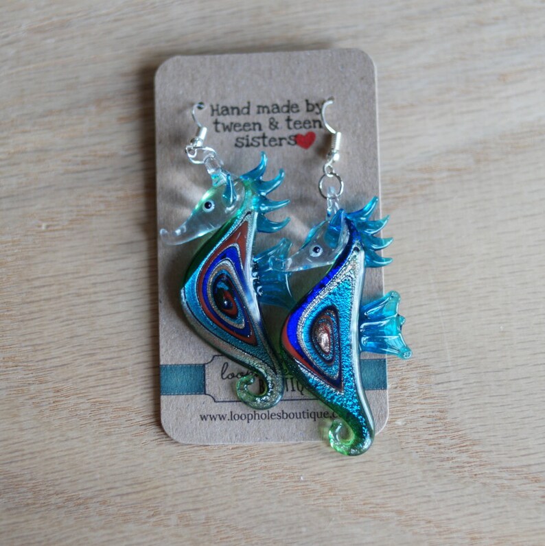 colorful dangle earrings Colorful glass seahorse earrings
