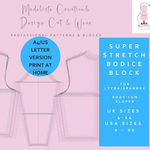 Könnte beinhalten: Ein rosa-weißes Design-Layout für ein Schnittmuster für einen Oberteilblock. Der Text enthält "Modeliste Creative & Design Cut & Wear", "Professional Patterns & Blocks" und "Super Stretch Bodice Block". Es listet auch die UK-Größen 4-24 und USA-Größen 0-20 auf.