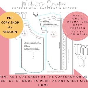 May include: A printable PDF pattern for a baby onesie, designed for premature babies. The pattern is for sizes 45-50 cm (17.7-19.7 inches) and is labeled as a "Copy Shop A2 Version".