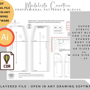 May include: Digital PDF pattern for a super stretch skirt block, designed for Lycra and Spandex fabrics. Includes UK sizes 4-24 and USA sizes 0-20. The pattern is drafted by professionals and is open in any drawing software.