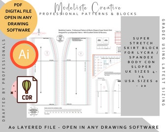 Body Con -Super Stretch Skirt Block (Sloper) - UK Size 4 - 24 USA Size 0-20 -Ideal For Pattern Cutters-Digital File-Open in Drawing Software