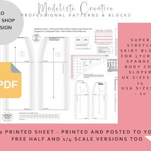 May include: A pink and white printed sheet with sewing patterns and the text "Modeliste Creative Professional Patterns & Blocks". The sheet includes a "PDF" icon and text that reads "Super Stretch Skirt Block for Lycra/Spandex".