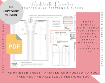 Body Con -Super Stretch Skirt Block -UK Size 4 - 24 USA Size 0-20 -Ideal For Pattern Cutters- Colour-PDF A0 Copy Shop Version - Layered File