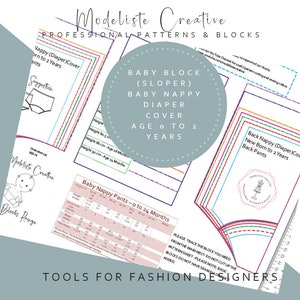 May include: A set of sewing patterns for a baby diaper cover, graded in sizes from newborn to 2 years. The patterns are printed on white paper with colorful lines and text that reads "Baby Block (Sloper) Baby Nappy Diaper Cover Age 0 to 2 Years".