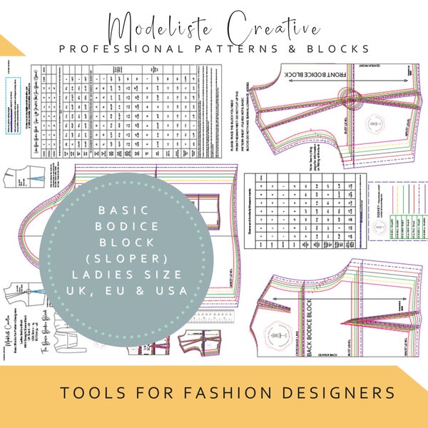 Basic Bodice Block- Sloper- In U.K, U.S & E.U Sizes - Ideal For Pattern Cutters- Colour Printed- Make Your Own Patterns! Printed For You!