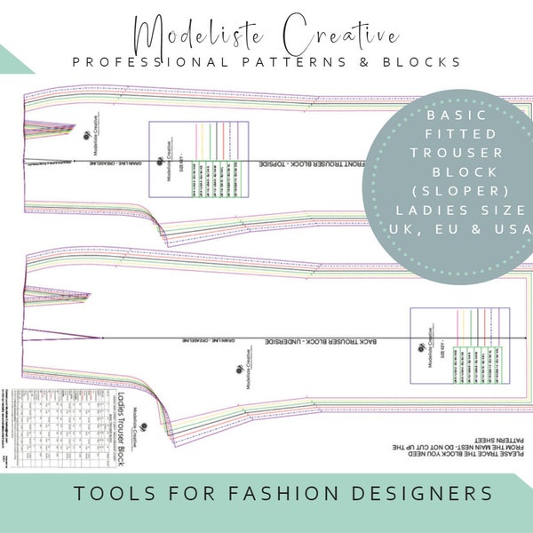 Basic Trouser Block- Sloper- In U.K, U.S & E.U Sizes - Ideal For Pattern Cutters- Make Your Own Patterns! Colour AO Printed Sheet - Posted