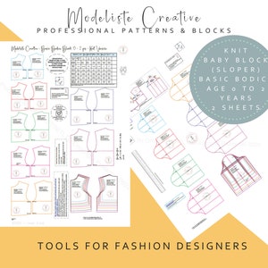 May include: A printable pattern for a knit baby block sloper, graded using the latest sizing. The pattern is for a basic bodice and is suitable for ages 0 to 2 years. The pattern is on two sheets.