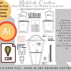 May include: Digital PDF pattern for a super stretch bodice block, designed for Lycra/Spandex fabrics. Includes UK sizes 4-24 and USA sizes 0-20. The file is open in any drawing software and drafted by professionals.