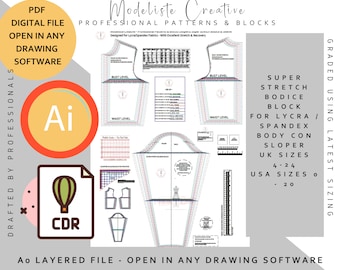 Ai - Digital File- Body Con -Super Stretch Bodice Block - UK Size 4 - 24 USA Size 0-20 - Ideal For Pattern Cutters- Open in Drawing Software