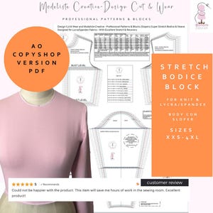 May include: A pink long-sleeved top with a round neckline is displayed. The image includes sewing patterns and the text "STRETCH BODICE BLOCK" and "AO COPYSHOP VERSION PDF". The patterns are designed for knit and Lycra/Spandex fabrics.