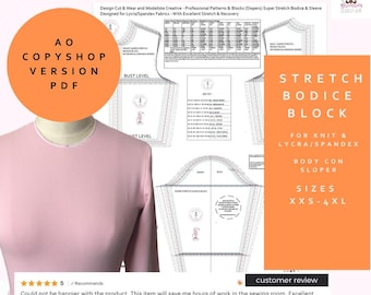 PDF A0 Body Con - Super Stretch Bodice Block - UK Size 4 - 24 USA Size 0-20 - Ideal For Pattern Cutters- Colour-Copy Shop Version - Layered
