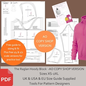 Może przedstawiać: Wzory szycia bluzy z kapturem raglan, z przewodnikami po rozmiarach i wersjami ćwiczeniowymi. Wzory są oznaczone tekstem, w tym "HOOD OPTIONS" i "SIZE XS-2XL". Widoczna jest również różowa bluza z kapturem.