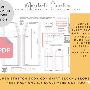 Peut inclure: Un patron PDF pour un bloc de jupe moulante super extensible, conçu pour les tissus Lycra/Spandex. Comprend une version A4/US pour impression à domicile. Tailles UK 4-24 et USA 0-20. Le patron est gradué selon les dernières tailles.
