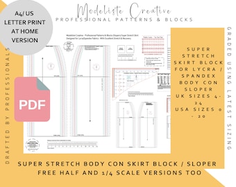 Body Con - Super Stretch Skirt Block - UK Size 4 - 24 USA Size 0-20 - Ideal For Pattern Cutters- Colour- Layered PDF A4 Us Letter Version