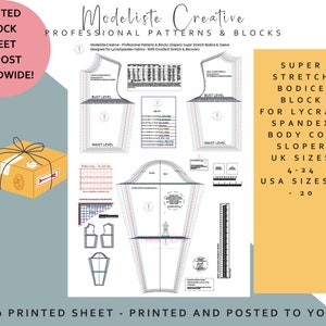 May include: A printed sheet featuring sewing patterns and blocks for Lycra/Spandex fabrics. The sheet includes bodice block patterns, with UK sizes 4-24 and USA sizes 0-20. Text on the sheet reads "Printed Block Sheet We Post Worldwide!"