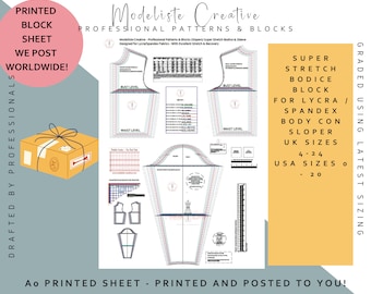 Body Con -Super Stretch Bodice Block - UK Size 4 - 24 USA Size 0-20 - Ideal For Pattern Cutters- Printed & Posted Wordwide - A0 Sheet-Colour
