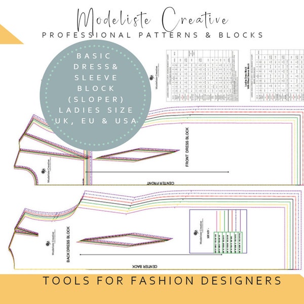 Basic Dress Block and Fitted Sleeve- Sloper-U.K, U.S & E.U Sizes - Ideal For Pattern Cutters- Colour Printed Version-Make Your Own Patterns!