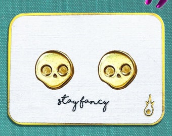 Skull Earrings - Gothic Studs - Gold - Minimalist Earrings - Skeleton - Small