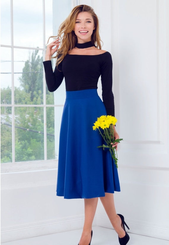 Bleu jupe mi-longue évasée Viscose femme jupe bleu Royal ...