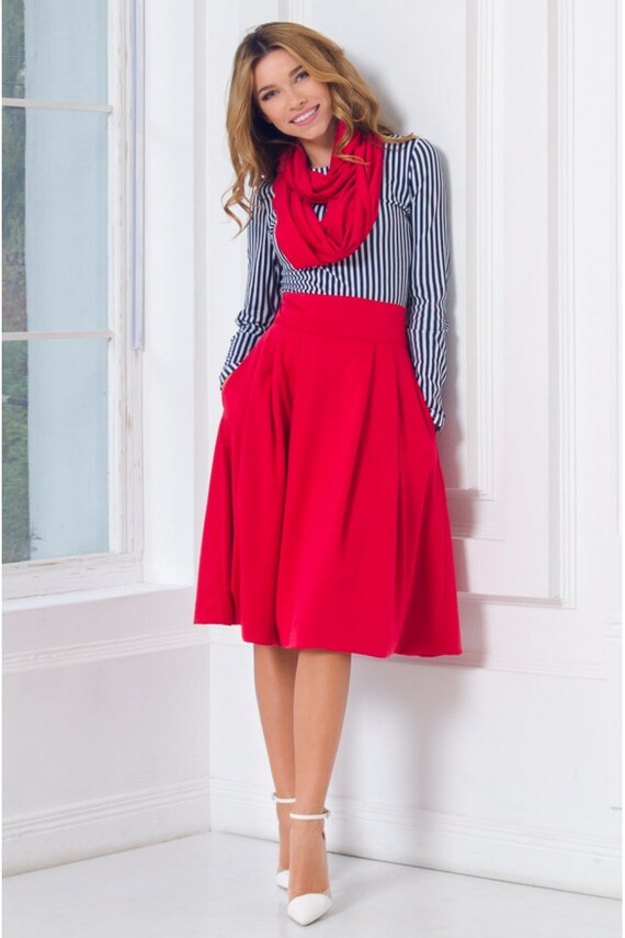 Red Stretch Midi Skirt Pleated Woman Skirt with Pockets Red pleated
