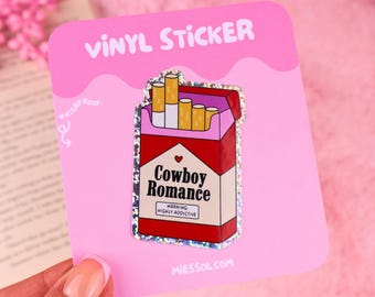 Pegatina de vinilo impermeable con diseño de cigarrillos y temática de novelas románticas vaqueras para lectores de novelas románticas vaqueras.