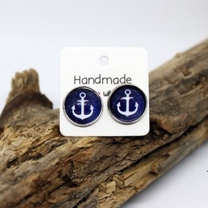 Stud earrings anchor blue 12 mm or 10 mm image 1