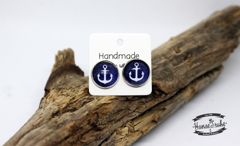 Stud earrings anchor blue 12 mm or 10 mm image 1