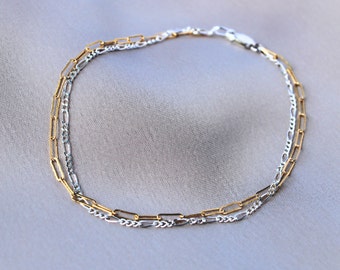 Ultra Dainty Double Strand Bracelet, Mixed Metals Bracelet, Silver and Gold Bracelet, Dainty Chain Bracelet, Multi Strand Bracelet