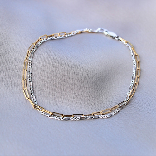 Bracelet ultra délicat double rang, bracelet métaux mélangés, bracelet argent sterling fill or, bracelet chaîne délicat, bracelet multirangs