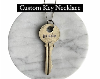 Custom Hand Stamped Key Necklaces, Vintage Key Necklace