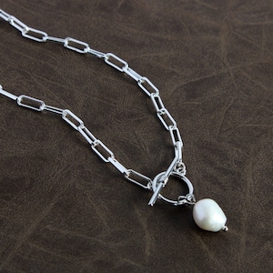 Silver Paperclip Pearl Necklace, Toggle Clasp Necklace, Silver Layering Necklace, Dainty Pearl Necklace, Gifts For Her
