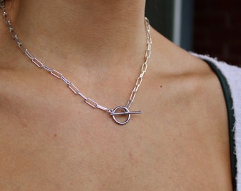 14k Gold Dainty Paperclip Necklace, Gold Paperclip Toggle Necklace, 14K Gold Minimalist Paperclip Necklace, Dainty Gold Layering Necklace