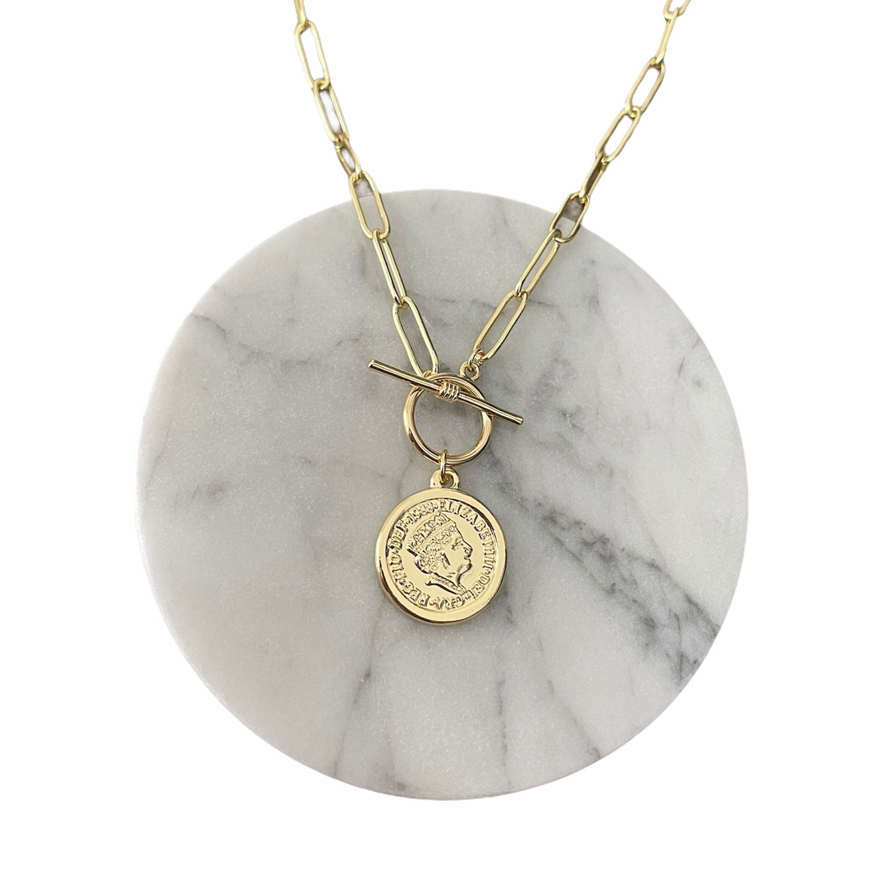 14K Gold Toggle Clasp Paperclip Necklace Gold Coin Pendant Etsy