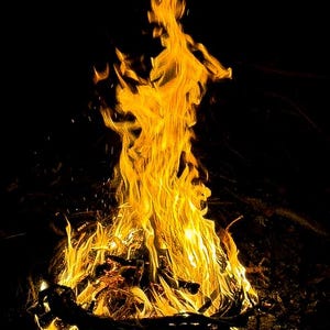 May include: A vibrant campfire burns brightly against a black background. The flames are a mix of yellow and orange, with sparks rising. The base of the fire is composed of dark wood and embers, creating a warm and inviting scene.