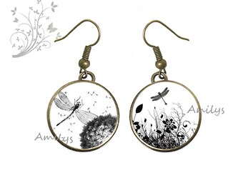 Black White Dragonfly Dandelion Earrings, Teen Girl Gift