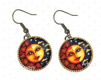 Earrings sun under cabochons, sun, moon, planet, universe
