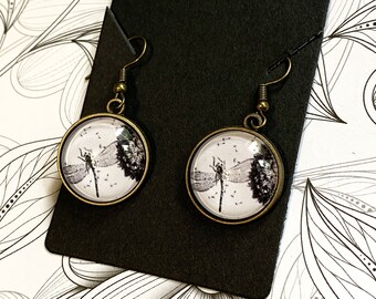 Libellule et pissenlit boucles d'oreilles rondes blanc et noir, cadeau bijoux libellule