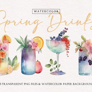 Watercolor Spring Drinks, Spring Clipart, Drinks Clipart, Watercolor Spring, Watercolor Cocktail Clipart