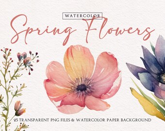 May include: Watercolour illustration of spring flowers. The image features a large pink flower with yellow and orange hues, a cluster of small purple flowers, and a blue flower with yellow accents. The text "Spring Flowers" is written in a cursive font above the flowers. The text "25 Transparent PNG Files & Watercolor Paper Background" is written below the flowers.