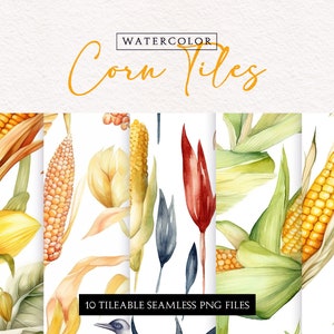 Puede incluir: Diez patrones de papel digital sin costuras con ilustraciones de acuarela de maíz, mazorcas de maíz y hojas. Los patrones están en tonos de amarillo, verde y marrón.